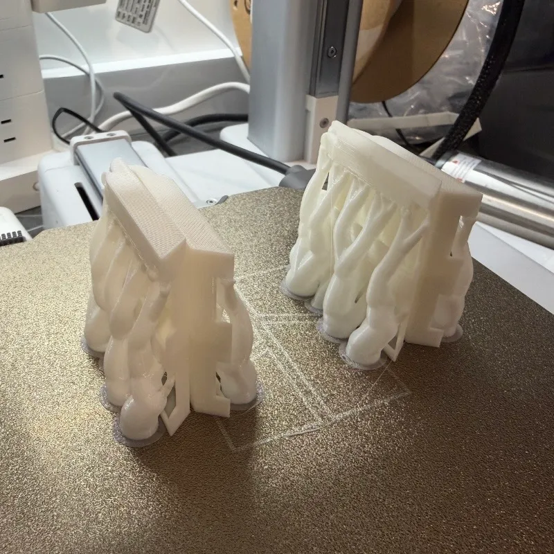 3Dプリンターの造形プレート上で、サポート材とともに出力された2個のコインレール